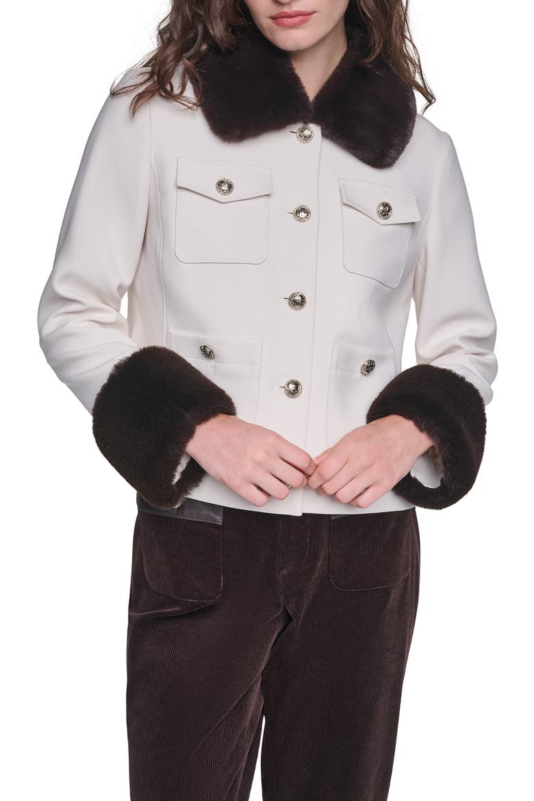 Faux Fur Trim Short Jacket, Main, color, BIRCH/ CHOCOLATE