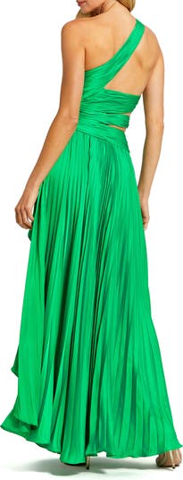 One Shoulder Pleated Charmeuse Gown with Slit