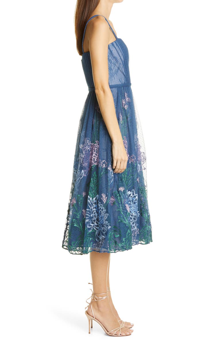 Marchesa Notte Embroidered Mesh Midi Cocktail Dress, Alternate, color,