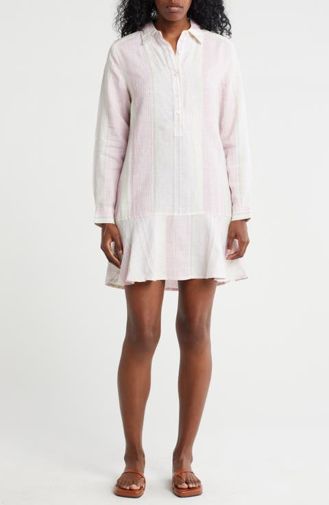 Ocean Reverie Long Sleeve Flounce Hem Linen Shirtdress