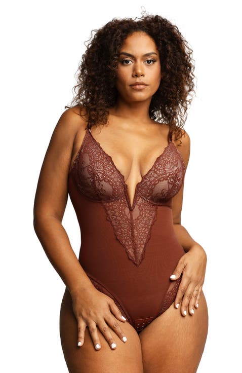 Plus Size Shapewear Lace Deep V-Neck Sculpting Thong Bodysuit