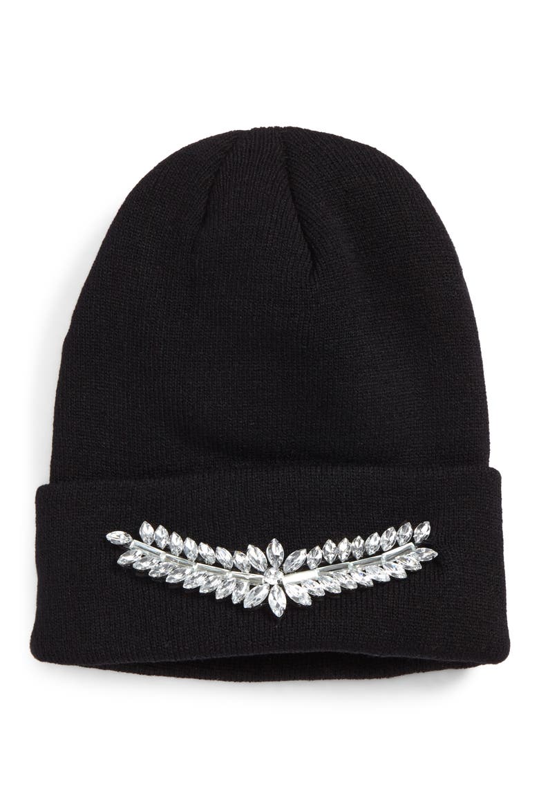 Crystal Embellished Beanie, Main, color, BLACK