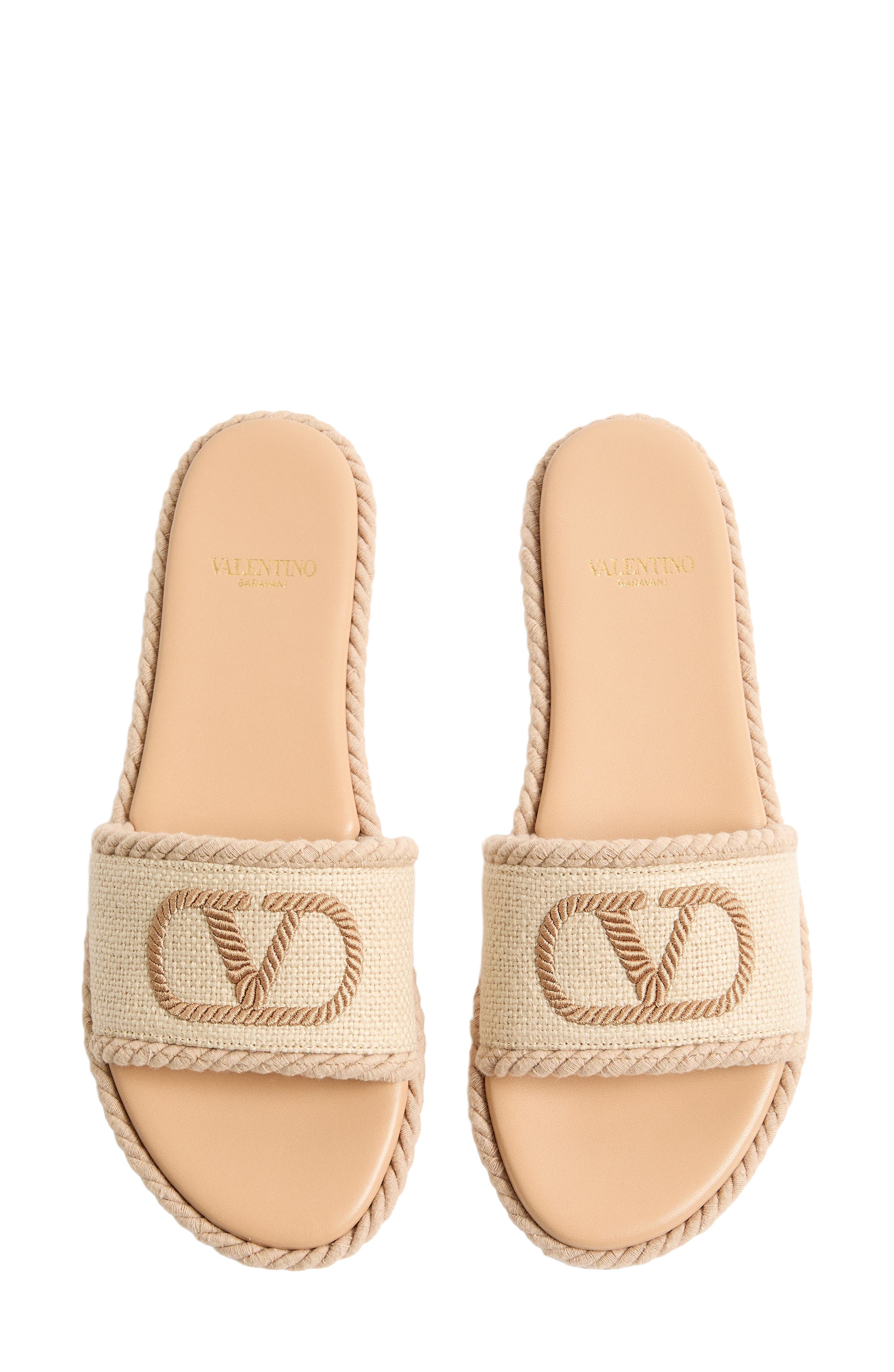 Valentino Garavani VLOGO Torchon Flat Espadrille Slide Sandal, Alternate, color, Beige