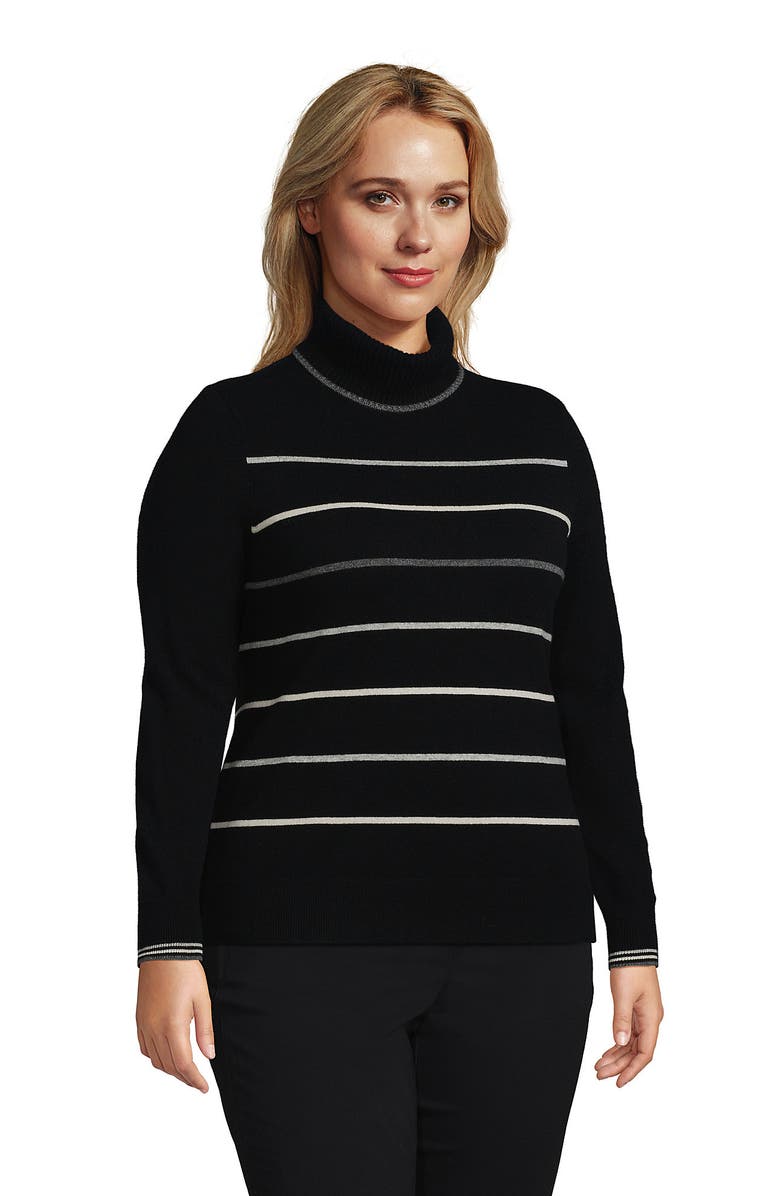 Lands
 End Cashmere Turtleneck Sweater, Alternate, color, Black Heritage Stripe