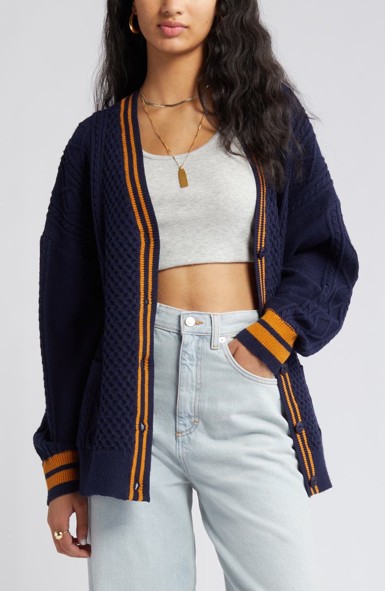 Vigoss Mixed Cable Varsity Cardigan, Alternate, color,