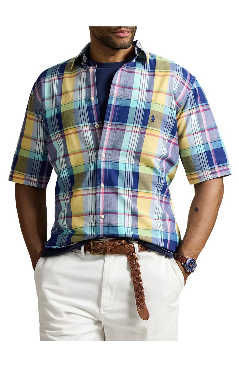 Polo Ralph Lauren Big
Tall Plaid Oxford Sport Shirt, Main, color, Navy Yellow Multi