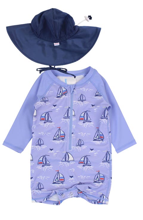 Seas the Day One-Piece Rashguard Swimsuit & Bucket Hat Set (Baby)