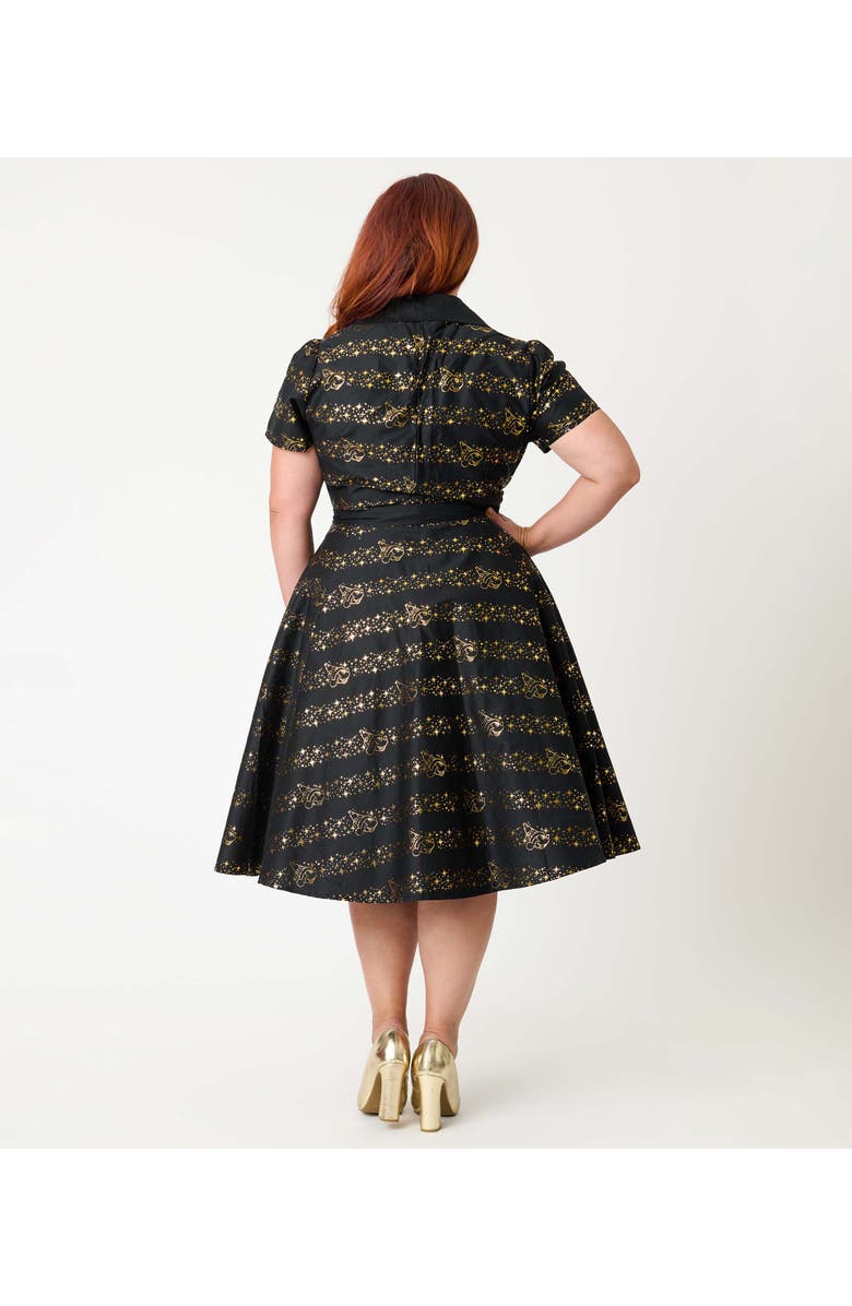 Unique Vintage Plus Size 1950s Collared Shirt Dress, Alternate, color, Black & Gold