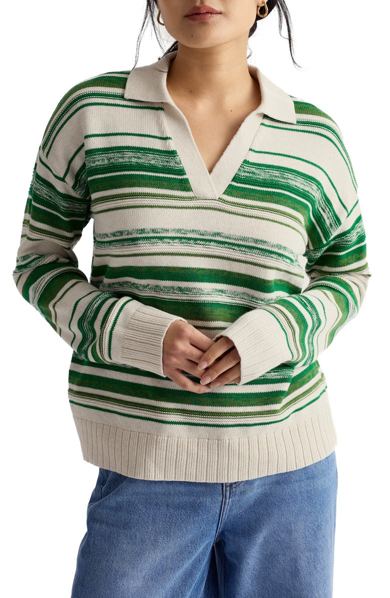 Seasalt Cornwall Bird Flight Stripe Organic Cotton Johnny Collar Sweater, Main, color, Corula Chalk Bright Green