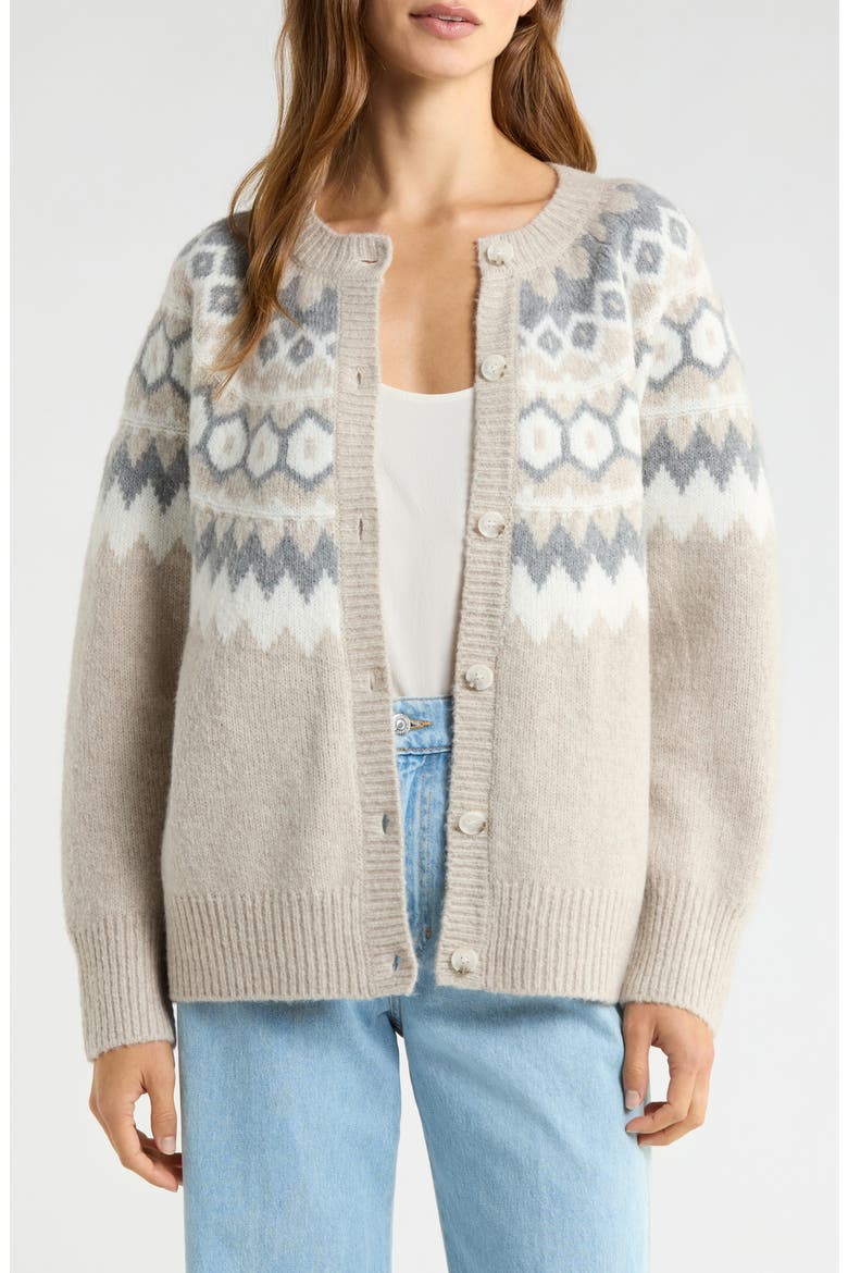 The Snowed In Fair Isle Merino Wool & Cashmere Blend Cardigan, Main, color, SHORTBREAD BEIGE