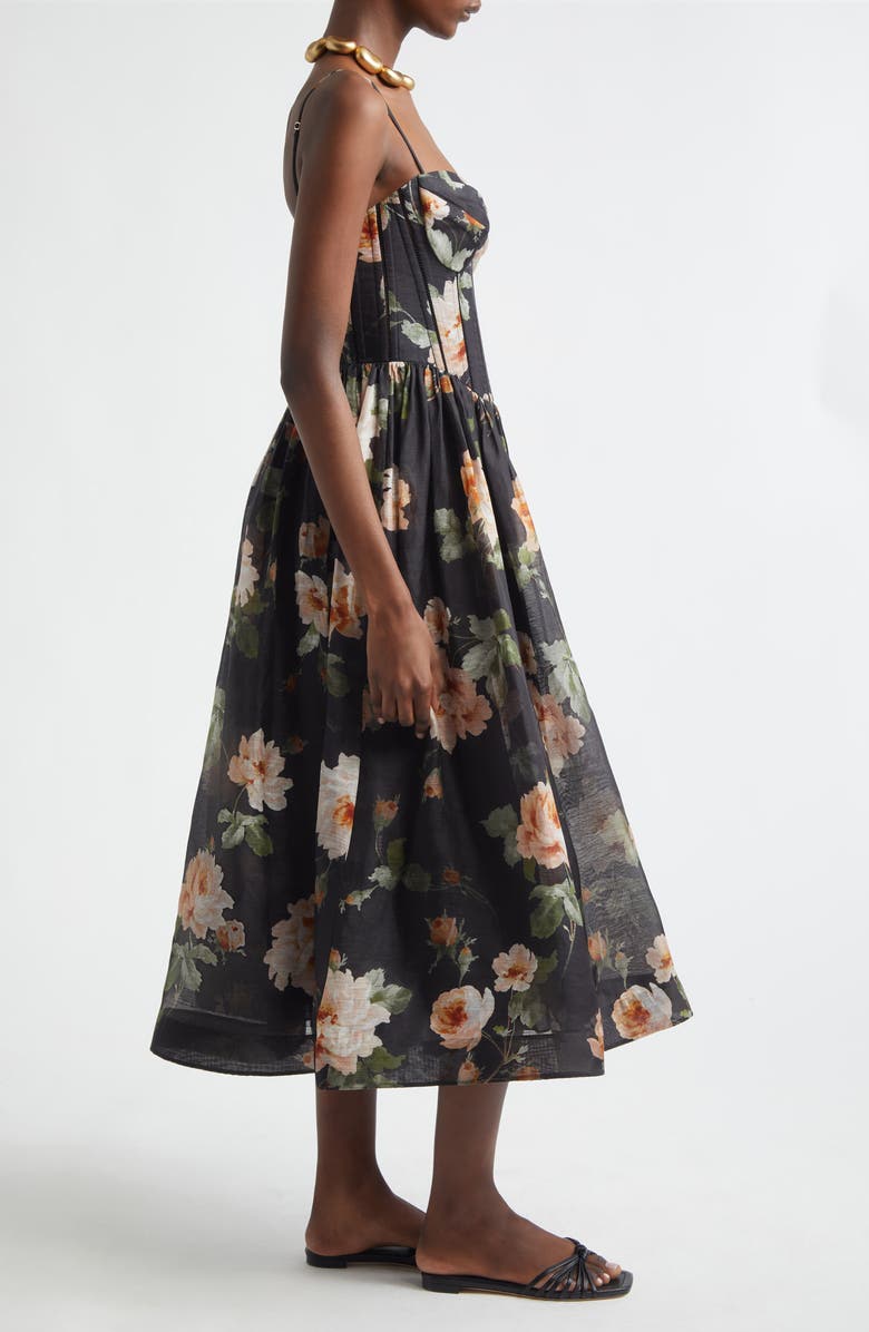 Zimmermann Kindred Spirit Luna Linen & Silk Organza Corset Midi Dress, Alternate, color, Black Rose