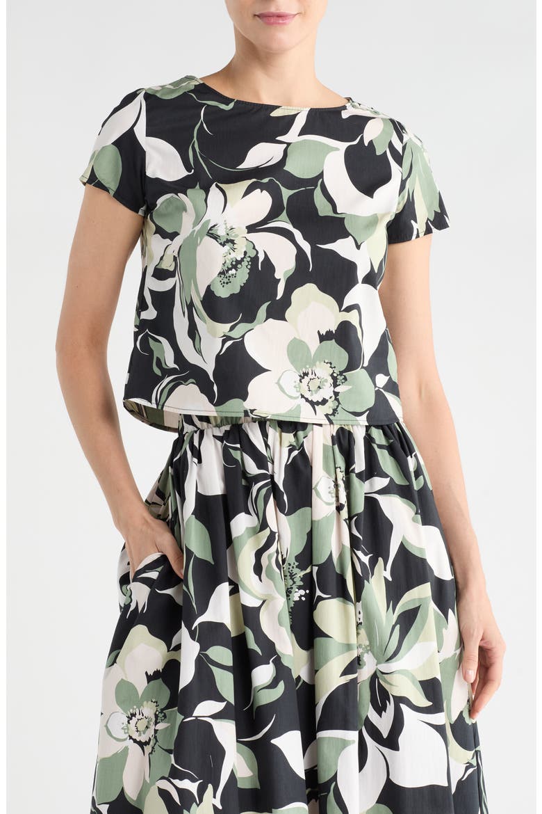 Floral Short Sleeve Cotton Blend Crop Top, Main, color, OLIVE MULTI