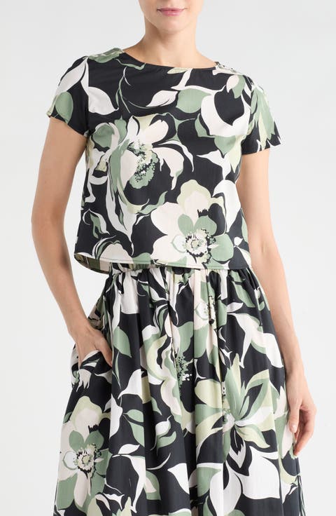 Floral Short Sleeve Cotton Blend Crop Top