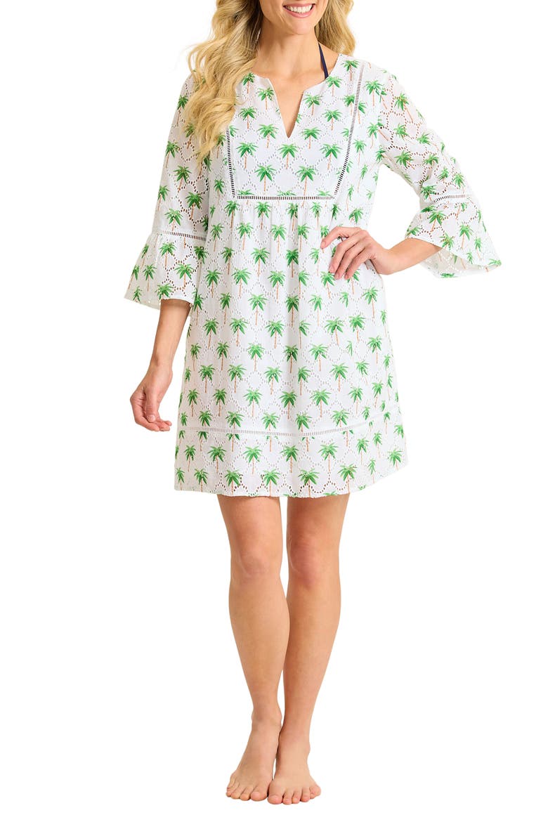 Eyelet Cove Split Neck Bell Sleeve UPF 50+ Cover-Up Dress, Main, color, WHITE