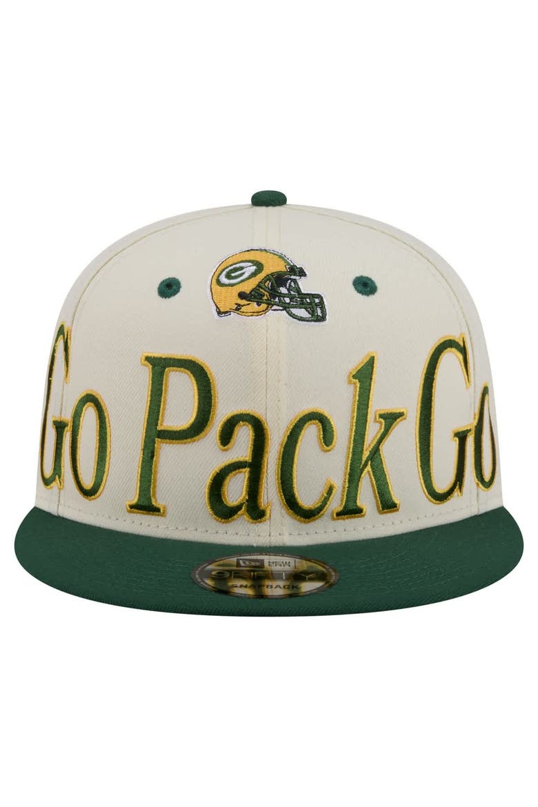 Men's New Era Cream Green Bay Packers Oversized Slogan 9FIFTY Snapback Hat, Alternate, color, Cream