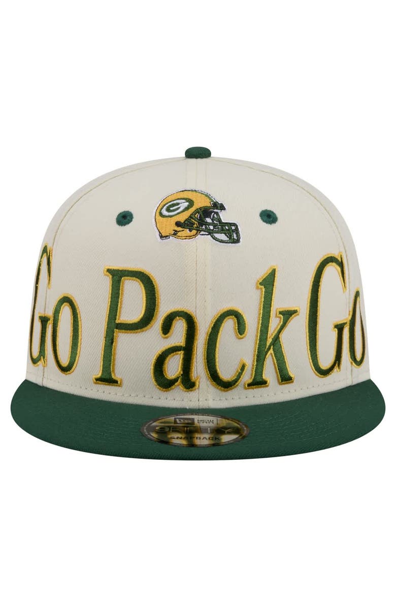 New Era Men's New Era Cream Green Bay Packers Oversized Slogan 9FIFTY Snapback Hat, Alternate, color, Cream