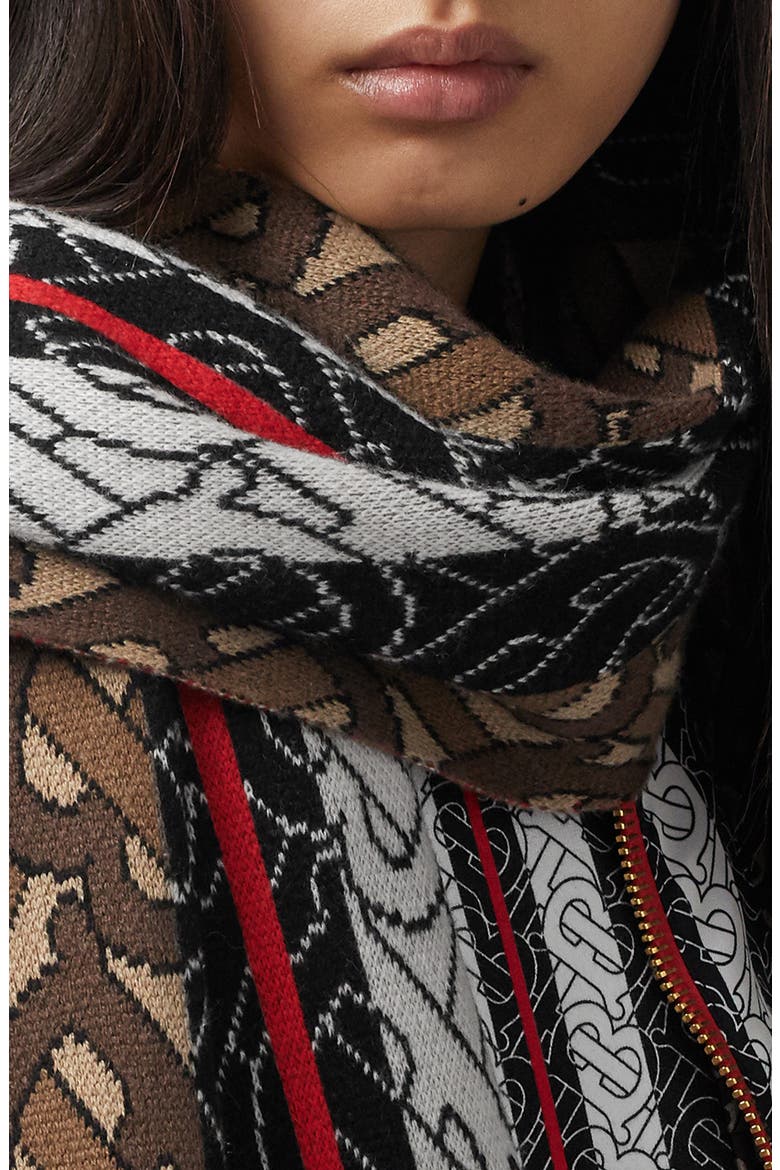 Tricolor Monogram Cashmere Scarf, Alternate, color, BRIDLE BROWN