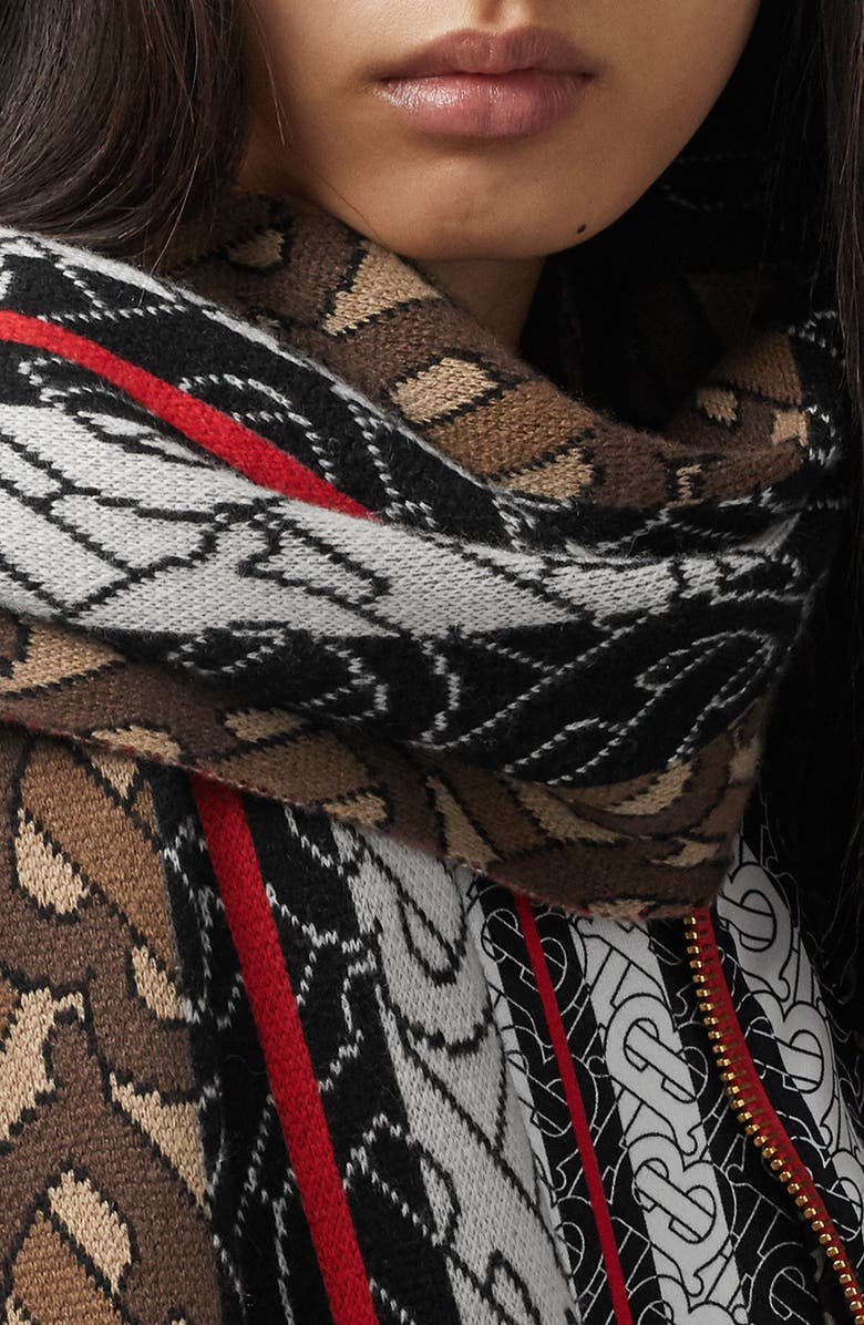 Burberry Tricolor Monogram Cashmere Scarf, Alternate, color,
