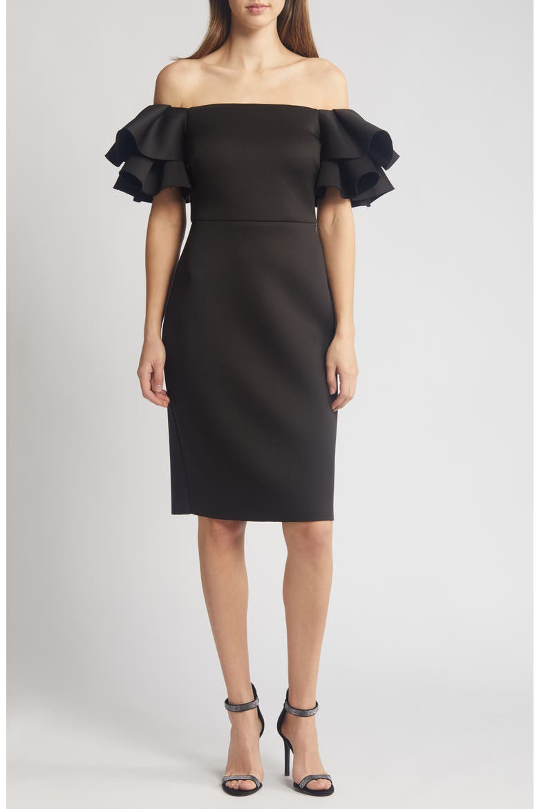Ruffled Off-the-Shoulder Cocktail Dress, Main, color, BLK