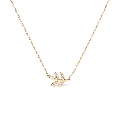 10K Yellow Gold 1/10 Cttw Diamond Leaf and Branch Pendant Necklace