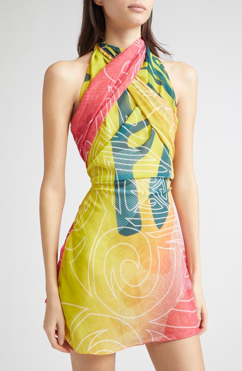Paolina Russo Wrapped Halter Minidress, Alternate, color, Neon Sunset