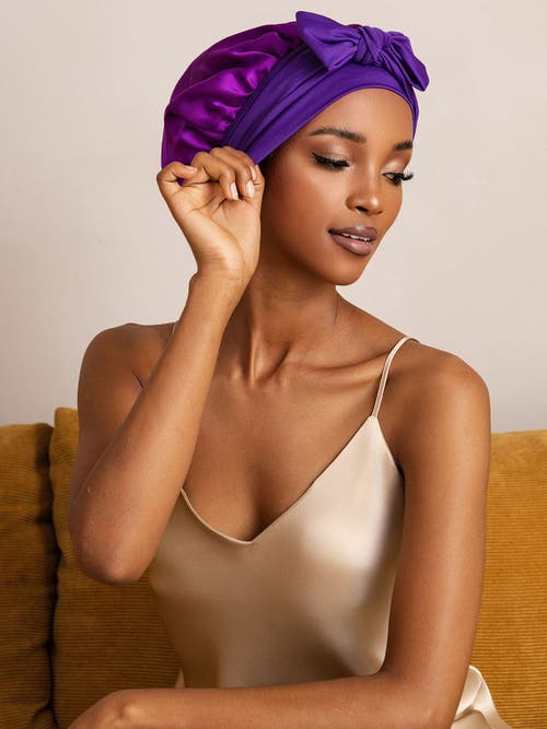 Silksilky Pure Silk Bowknot Tie Bonnet In Purple