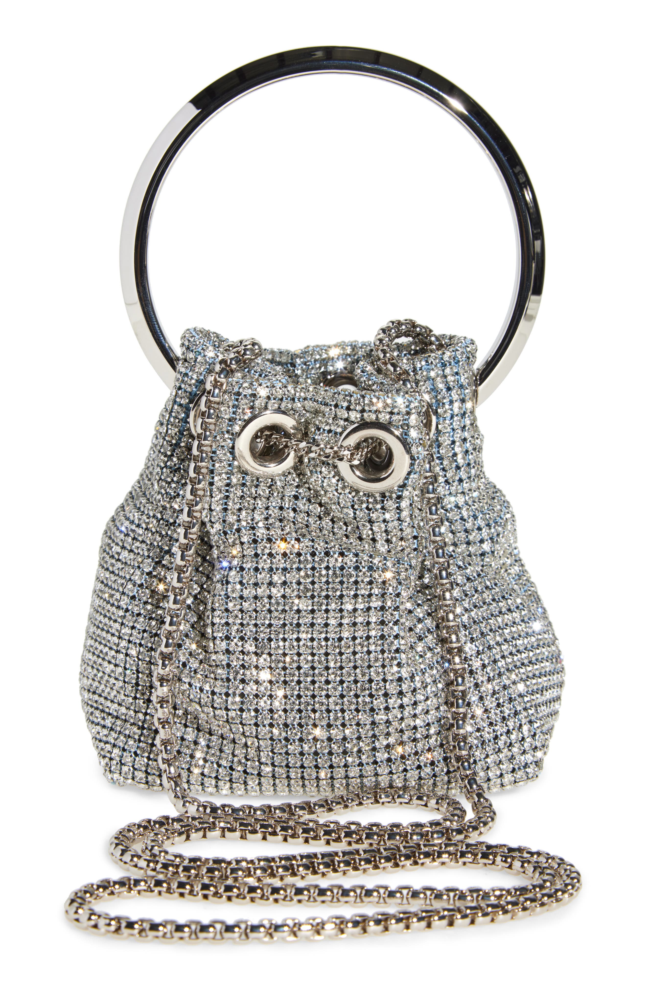 Jimmy Choo Micro Bon Bon Crystal Mesh Top Handle Pouch, Alternate, color, Silver