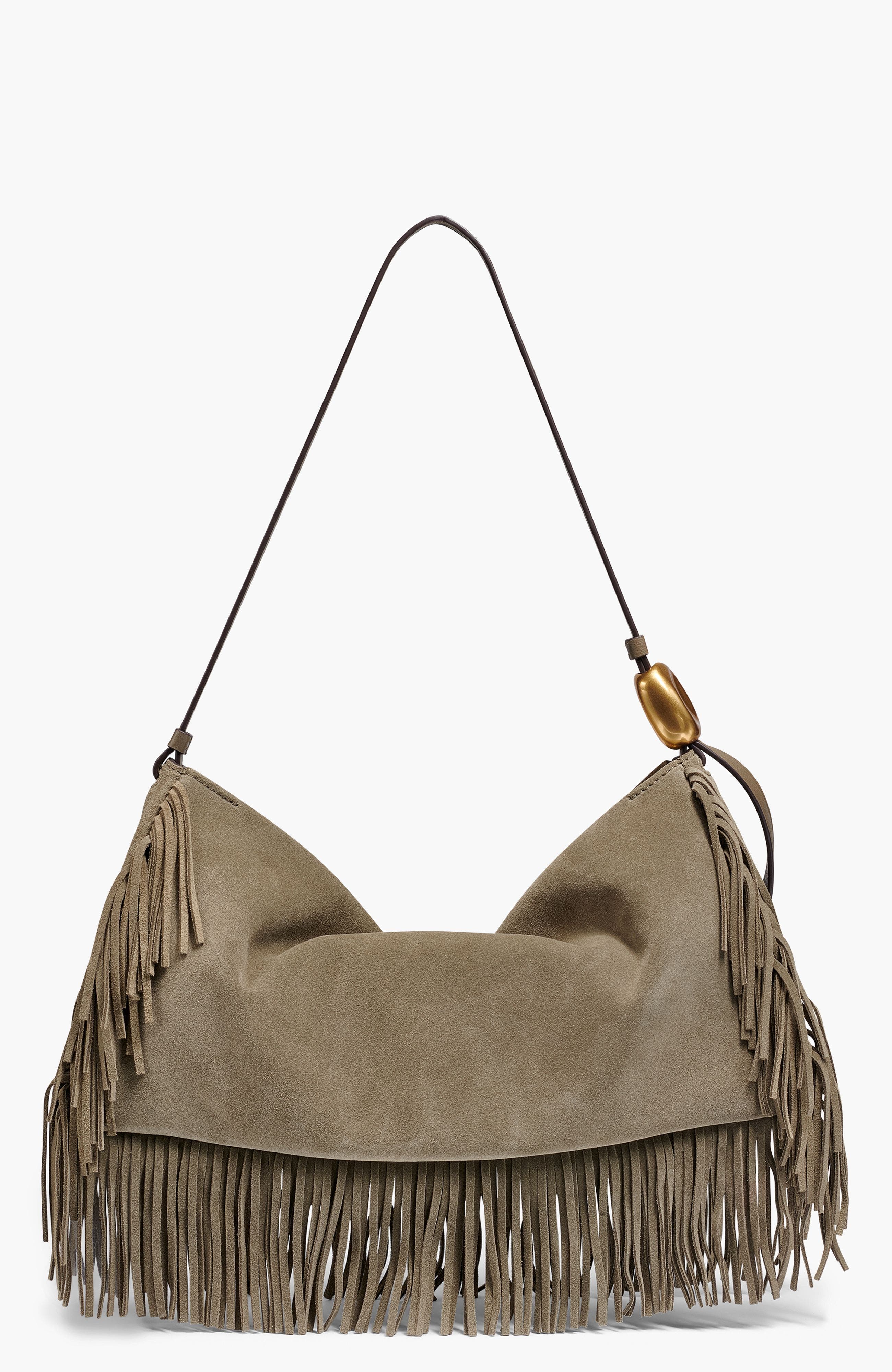 Velvet Suede Fringe Large Shoulder, Alternate, color, Truffle