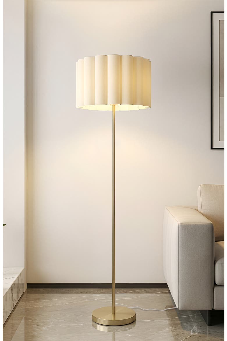 Estelle 65" Polished Brass LED Floor Lamp with Scalloped Ivory Cotton Drum Shade, Bulb Included, Alternate, color, Polished Brass