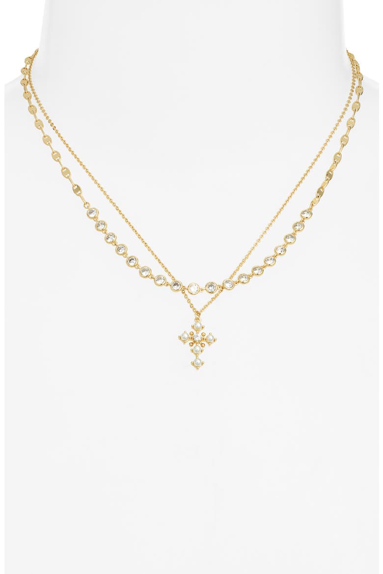 Gift Boxed Demi Fine Frontal Stone Necklace & Faux Pearl Cross Pendant Necklace, Alternate, color, WHITE- CLEAR- GOLD