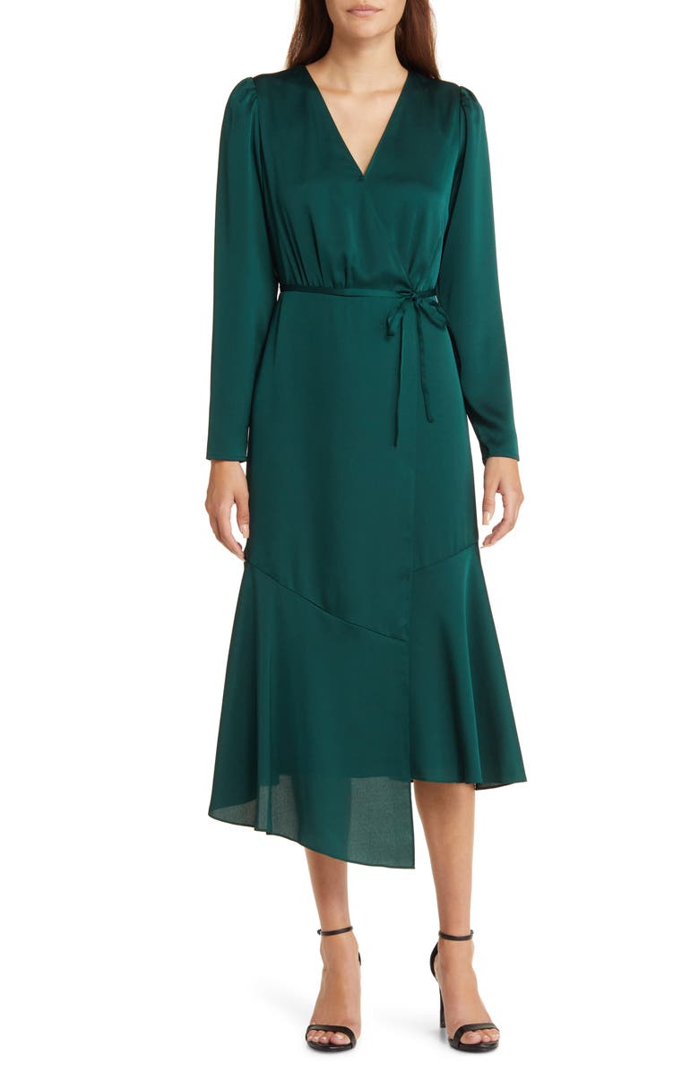 Anne Klein Long Sleeve Satin Faux Wrap Dress, Main, color, 
