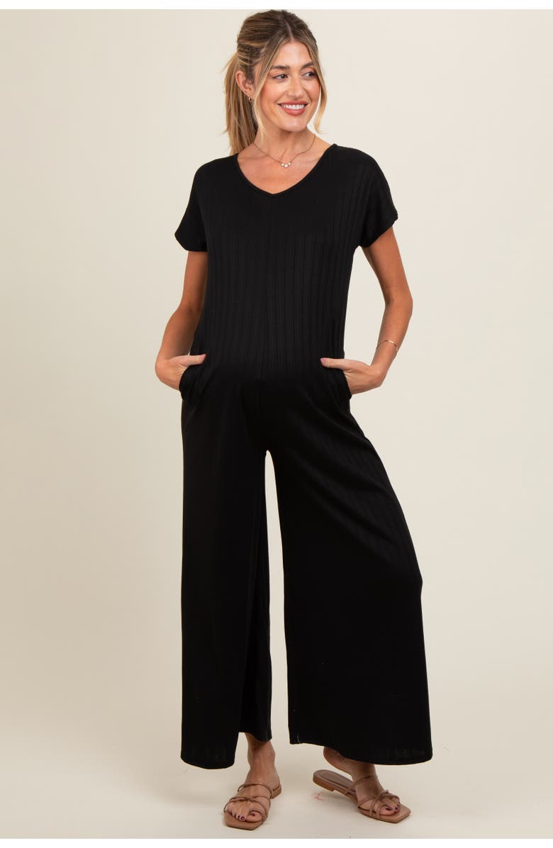 PinkBlush Ribbed Wide Leg Jumpsuit, Alternate, color, Black