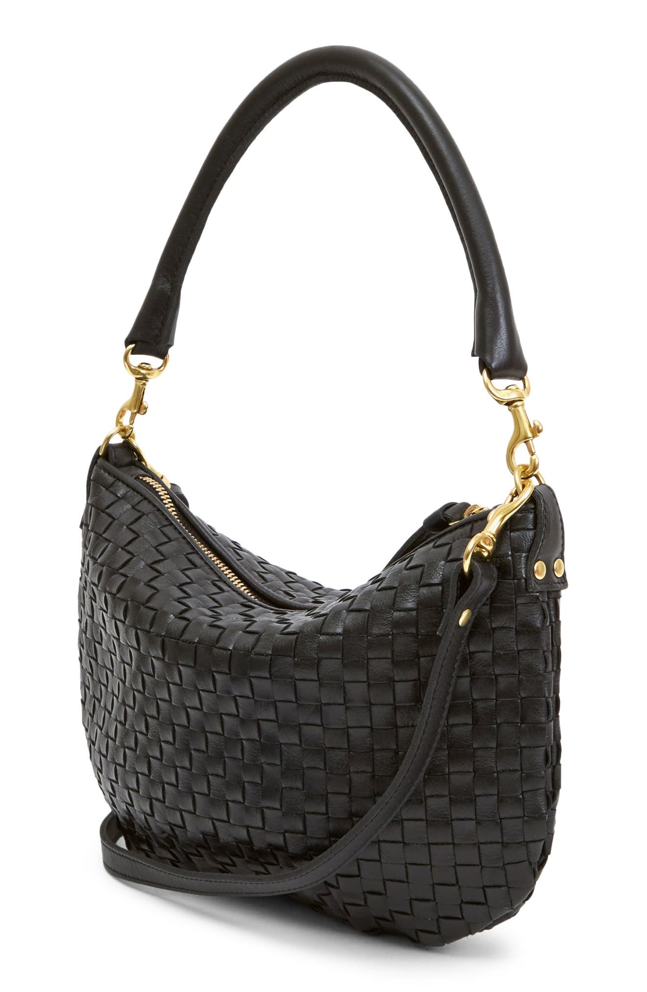 Clare V. Petit Moyen Woven Leather Shoulder Bag, Alternate, color, Black