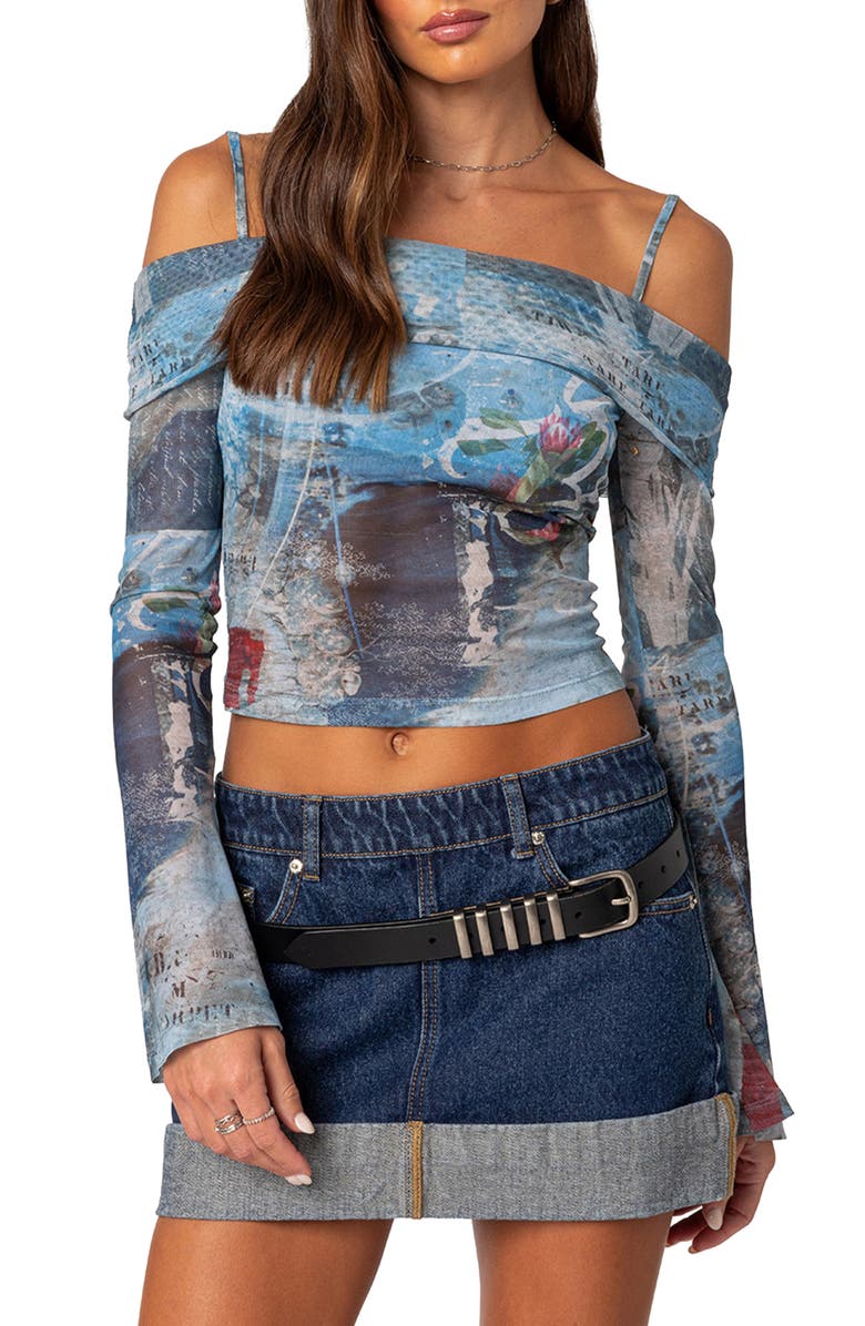 EDIKTED Love Letter Off the Shoulder Mesh Crop Top, Main, color, 