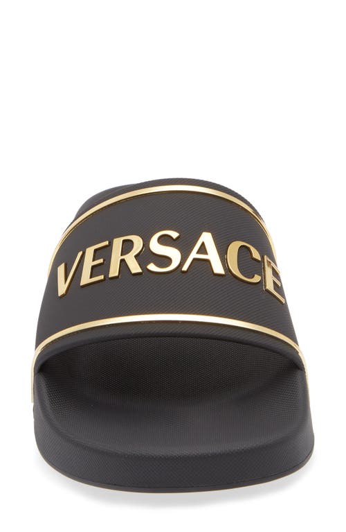 Versace Logo-embossed Slides In Black Gold