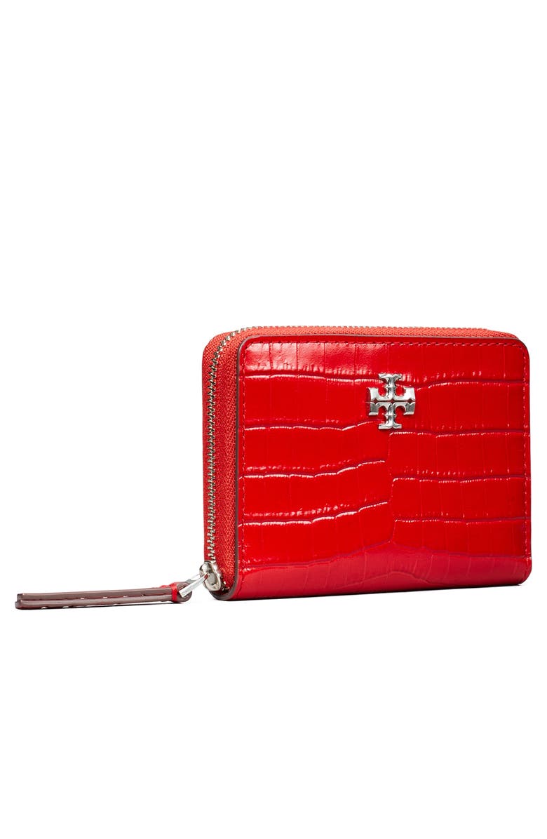 Tory Burch Small Kira Croc Texture Leather Zip Wallet, Alternate, color, Red Sky