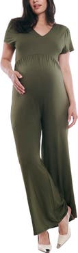 MOTHERHOOD MATERNITY Short Sleeve V-Neck Flare Leg Jumpsuit