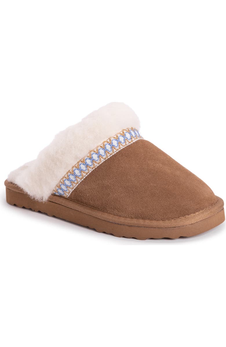 MUK LUKS Dawn Suede Scuff Slipper with Genuine Shearling Trim, Main, color, Caramel