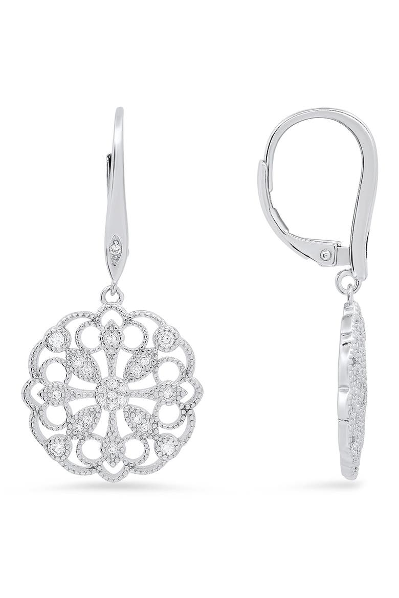 Sterling Silver Floral CZ Leverback Drop Earrings, Main, color, SILVER