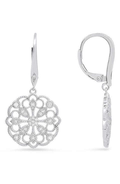 Sterling Silver Floral CZ Leverback Drop Earrings