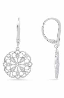 Queen Jewels Sterling Silver Floral CZ Leverback Drop Earrings
