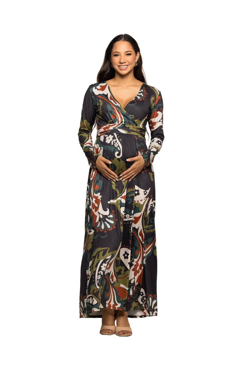 Paisley Print Long Sleeve Wrap Maxi Dress, Main, color, Green Multi