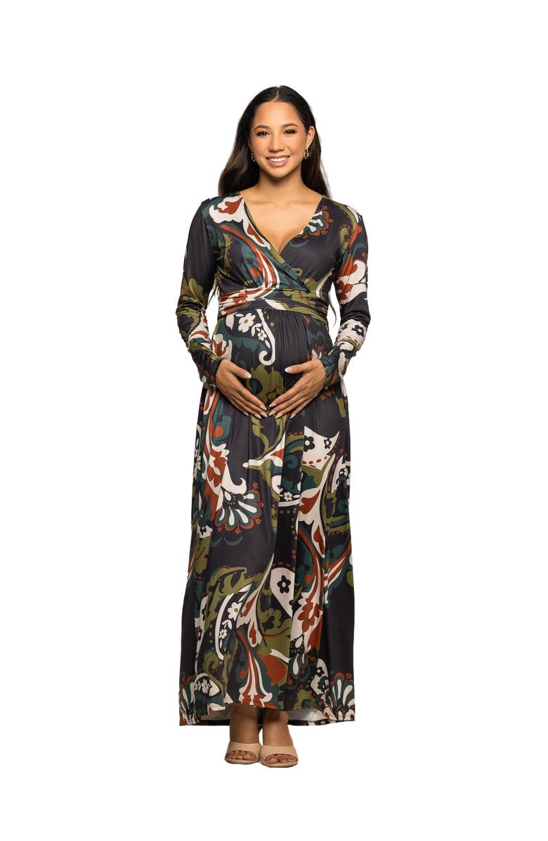 24seven Comfort Apparel Paisley Print Long Sleeve Wrap Maxi Dress, Main, color, Green Multi