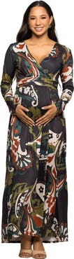 24seven Comfort Apparel Paisley Print Long Sleeve Wrap Maxi Dress