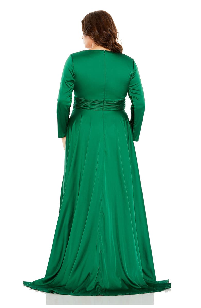 Mac Duggal Quarter Sleeve Satin V Neck A Line Gown, Alternate, color, Emerald