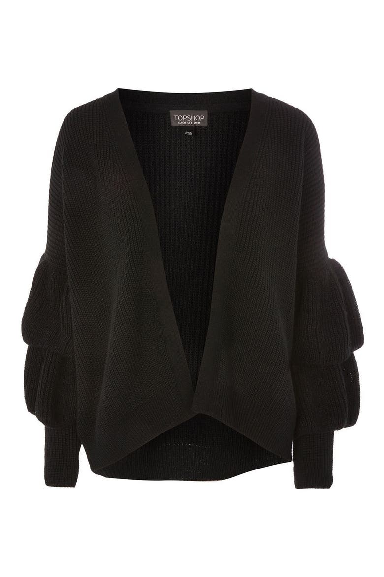 Layered Ruffle Sleeve Cardigan, Alternate, color, BLACK