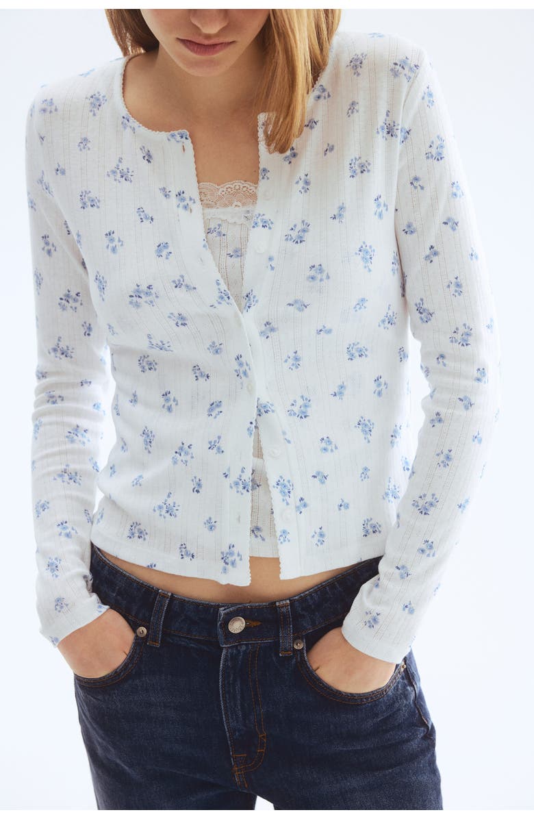H&M Pointelle Jersey Cardigan, Main, color, White/Blue Floral