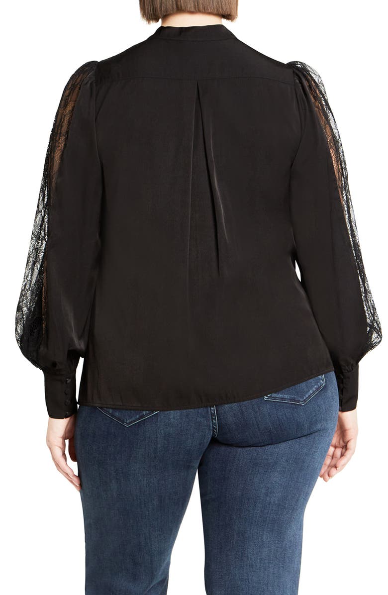 City Chic Georgia Lace Inset Sateen Button-Up Shirt, Alternate, color, 