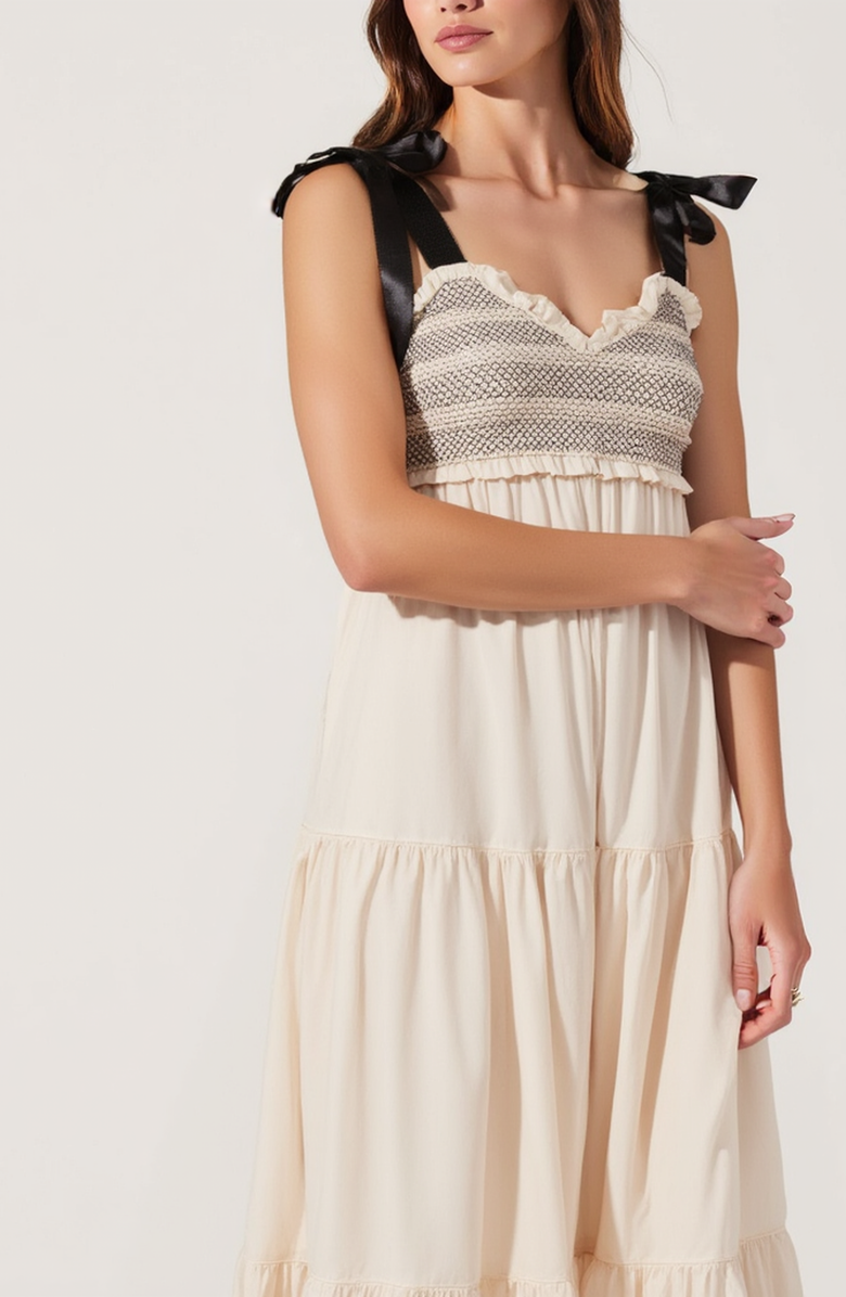 Modenaire Smocked Lace-Trim Maxi Dress with Satin Bow-Tie Straps, Alternate, color, Beige / Black