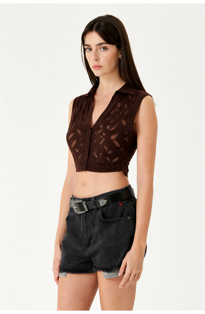 PCFG Cropped Ripped Knit Top, Alternate, color, Brown